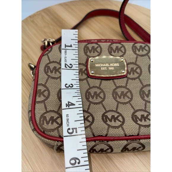Michael Kors Tan Monogram Mini Crossbody Bag Red Leather Trim Chain Strap - Picture 11 of 12